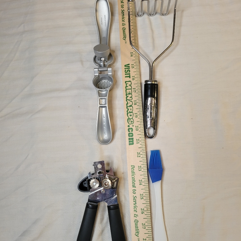 4 Piece Kitchen Utensils Garlic Press Potato Masher Can Opener Marinade Brush